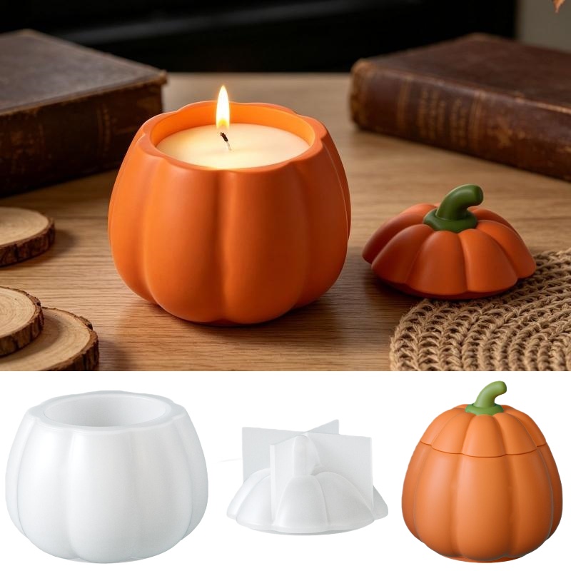 Candle Making Jars - แม่พิมพ์ซิลิโคนกล่องเก็บของรูปฟักทอง DIY สำหรับทำเทียนหอม กลิ่นอโรมา แม่พิมพ์เรซิ่นสำหรับทำของตกแต่งฮาโลวีน