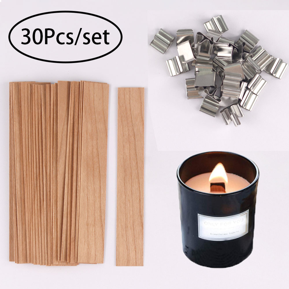 Candle Making Jars - 30pcs เทียนไม้เทียนทําชุด Wicks พร้อมฐานคลิปธรรมชาติ Smokeless ไม้