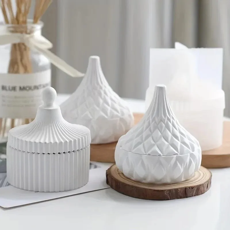 Candle Making Jars - แม่พิมพ์ซิลิโคนสำหรับทำเทียน 2 ชิ้น พร้อมฝาปิด ลายวงกลม สำหรับทำกล่องเก็บเครื่องประดับ